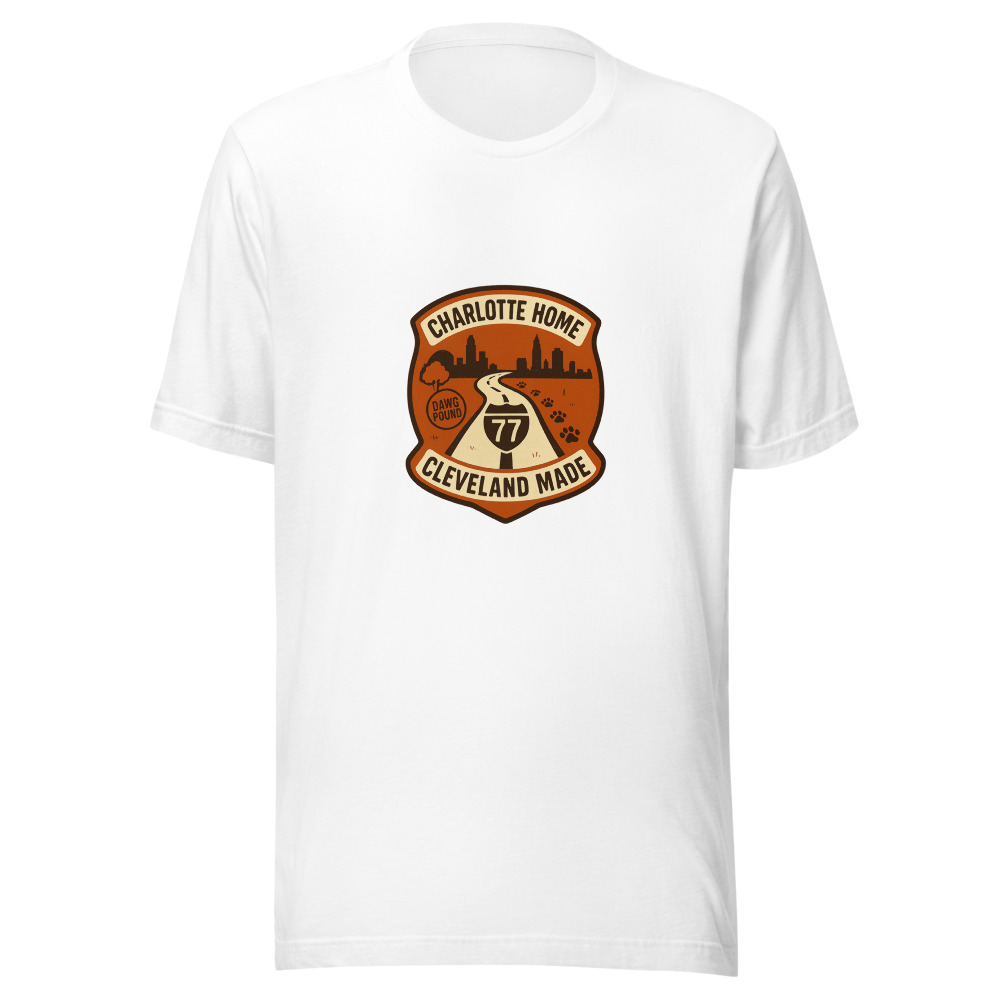 Charlotte Home, Cleveland Made tee — Route 77 shield connecting the two skylines