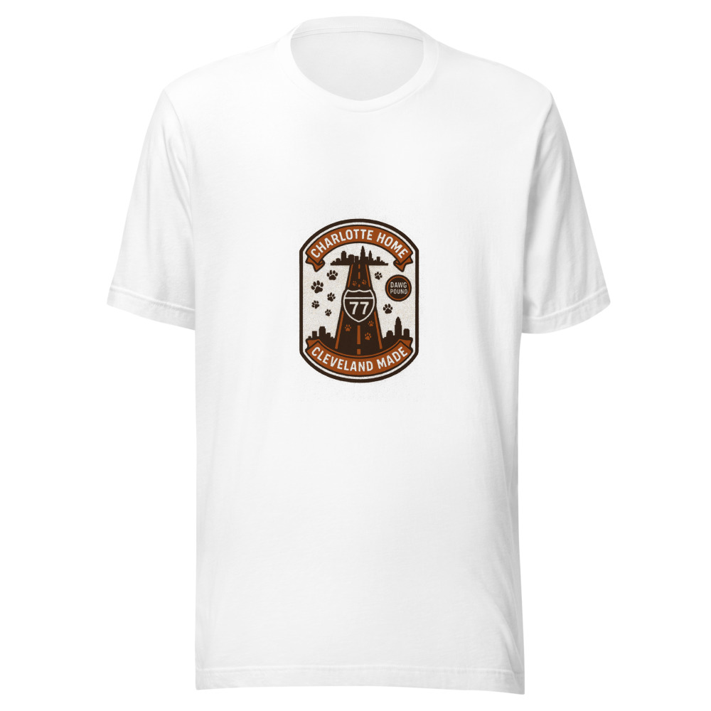 Charlotte Home, Cleveland Made tee — straight Route 77 running north to Cleveland