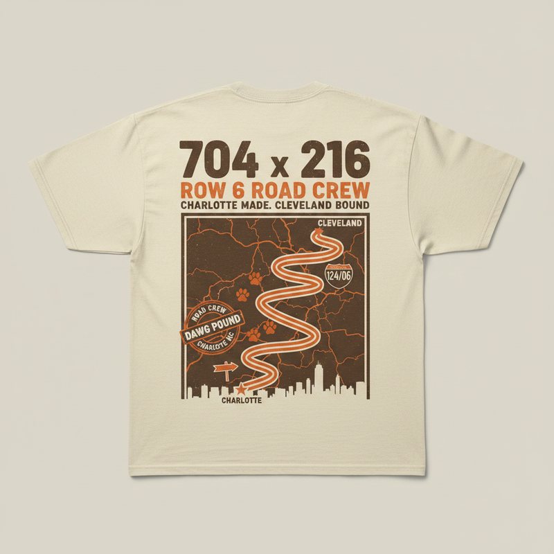 704 x 216 Road Crew tee — road-trip map from Charlotte to Cleveland