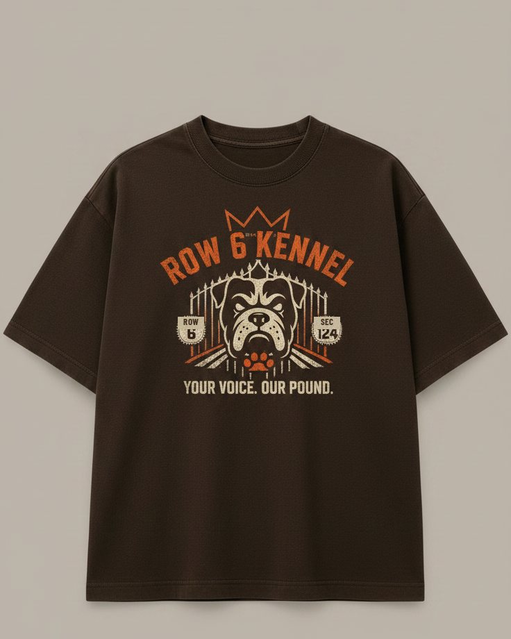 Row 6 Kennel tee — crowned bulldog behind the kennel gate