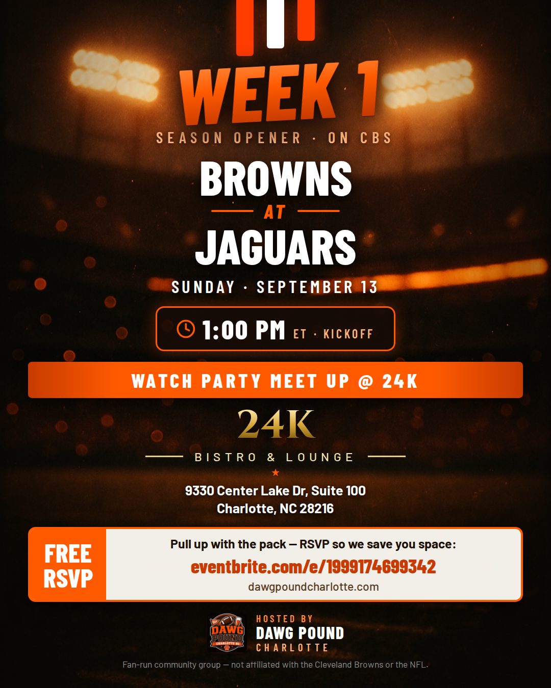 Dawg Pound Charlotte Week 1 watch party — Browns at Jaguars, Sunday September 13 at 1 PM, 24K Bistro & Lounge, Charlotte